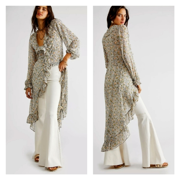 Free People Sheer Floral Midi Dress Tunic Top Gigi Ruffle High Low Hem - Picture 3 of 16